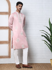 Men’s Silk Blend Ethnic Embroidered Kurta Pyjama (65KP P 5329 Pink ) [FF] [B-1-2]
