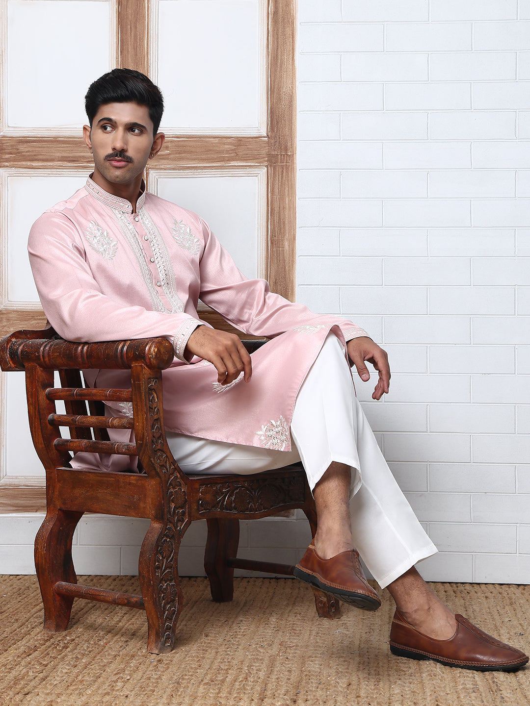 DesiQlo Men Embroidered Kurta Pyjama Set - Pink - 65KP_P_5329Pink_S