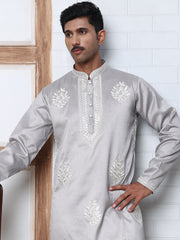 Men’s Silk Blend Ethnic Embroidered Kurta Pyjama (65KP P 5329 Silver ) [FF] [B-1-2]