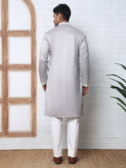 Men’s Silk Blend Ethnic Embroidered Kurta Pyjama (65KP P 5329 Silver ) [FF] [B-1-2]
