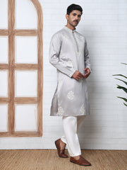 Men’s Silk Blend Ethnic Embroidered Kurta Pyjama (65KP P 5329 Silver ) [FF] [B-1-2]