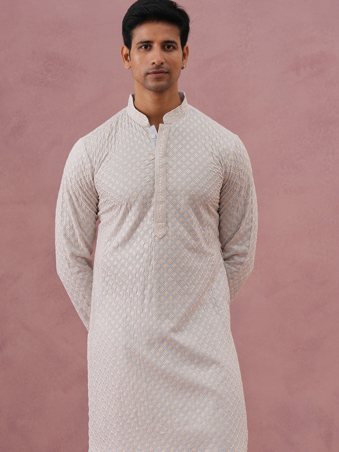 DesiQlo Men Embroidered Kurta Pyjama Set - Grey - 65KP_P_5330Grey_S