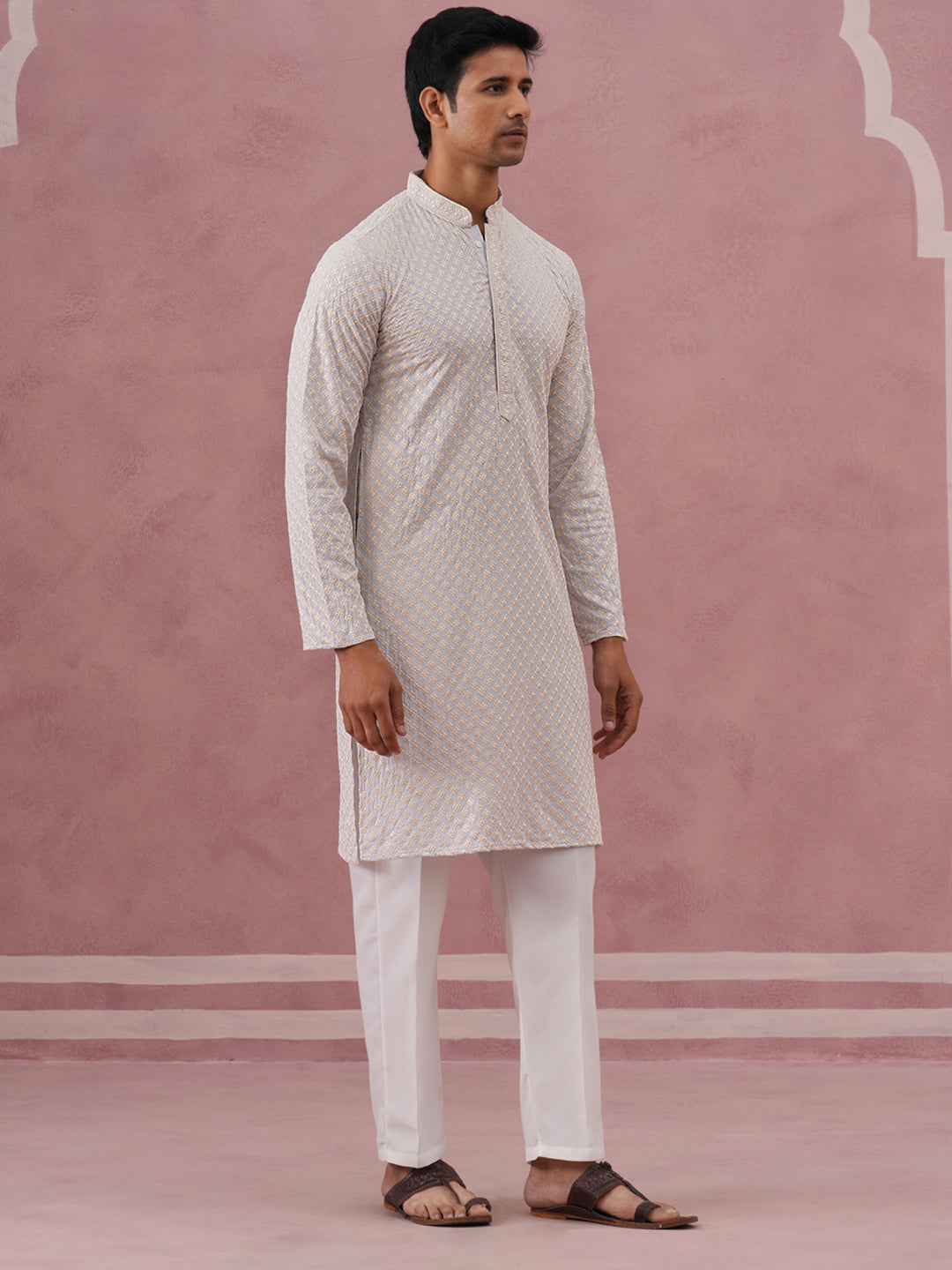 DesiQlo Men Embroidered Kurta Pyjama Set - Grey - 65KP_P_5330Grey_S