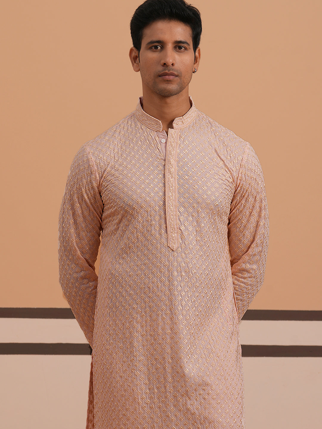 DesiQlo Men Embroidered Kurta Pyjama Set - Orange - 65KP_P_5330Peach_S