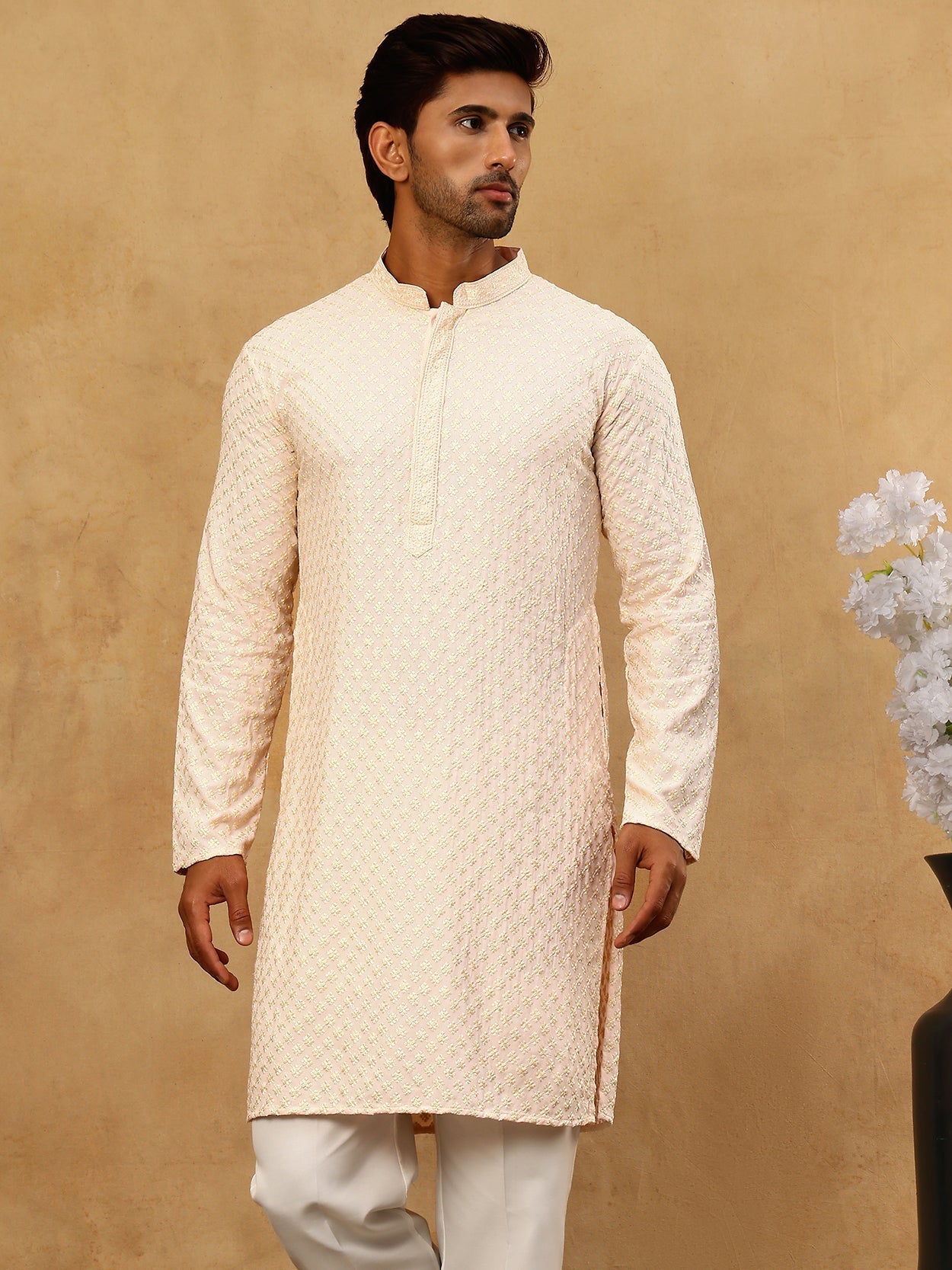 DesiQlo Men Embroidered Kurta Pyjama Set - Orange - 65KP_5330Peach_S