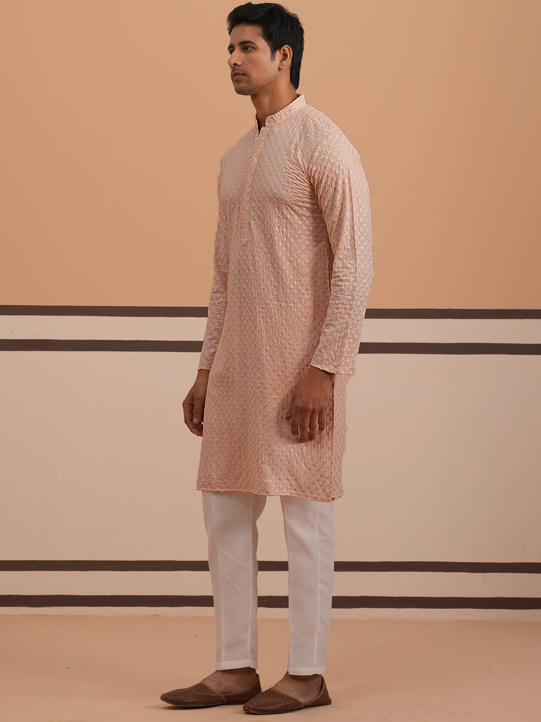 DesiQlo Men Embroidered Kurta Pyjama Set - Orange - 65KP_P_5330Peach_S