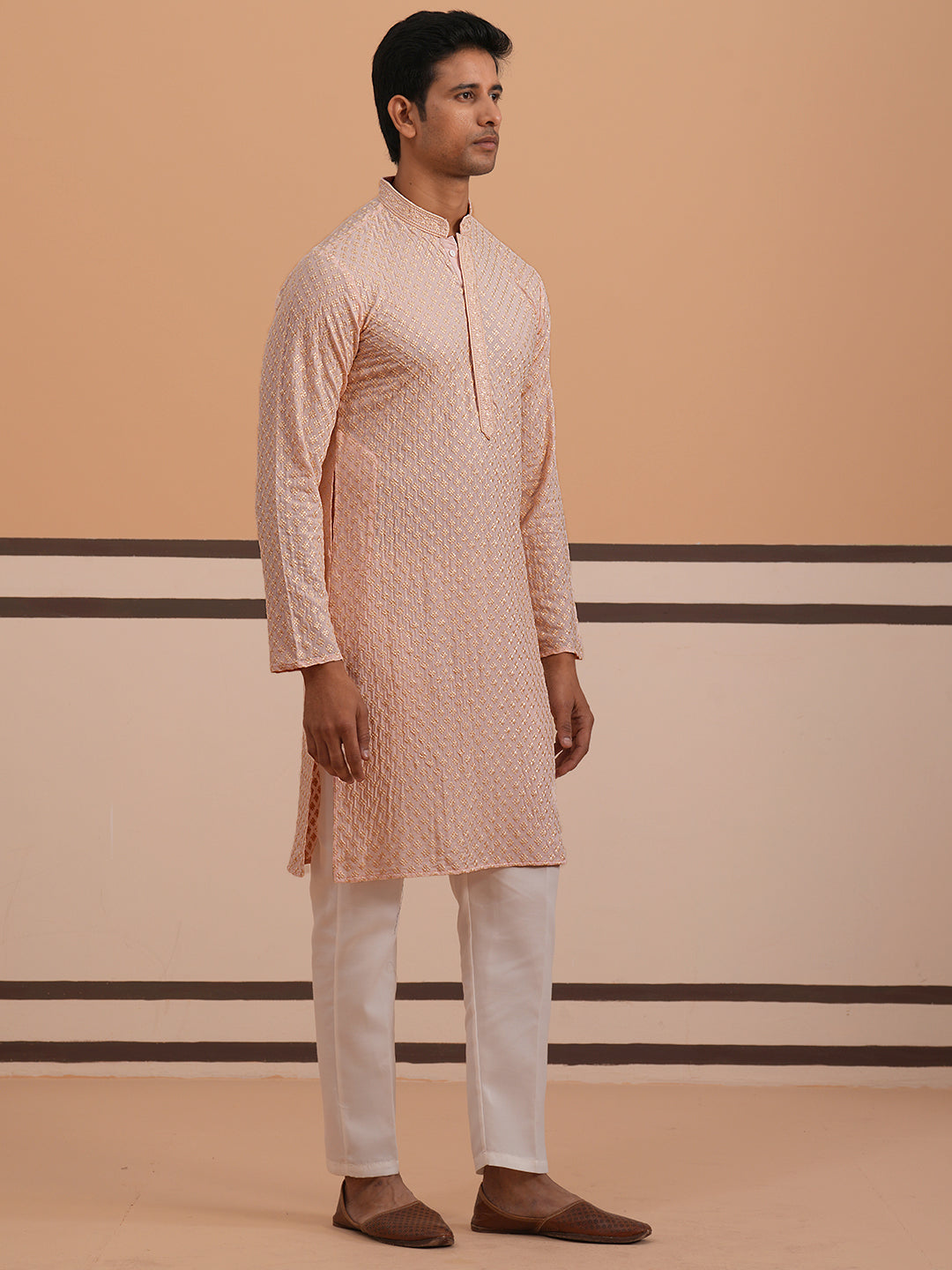 DesiQlo Men Embroidered Kurta Pyjama Set - Orange - 65KP_P_5330Peach_S