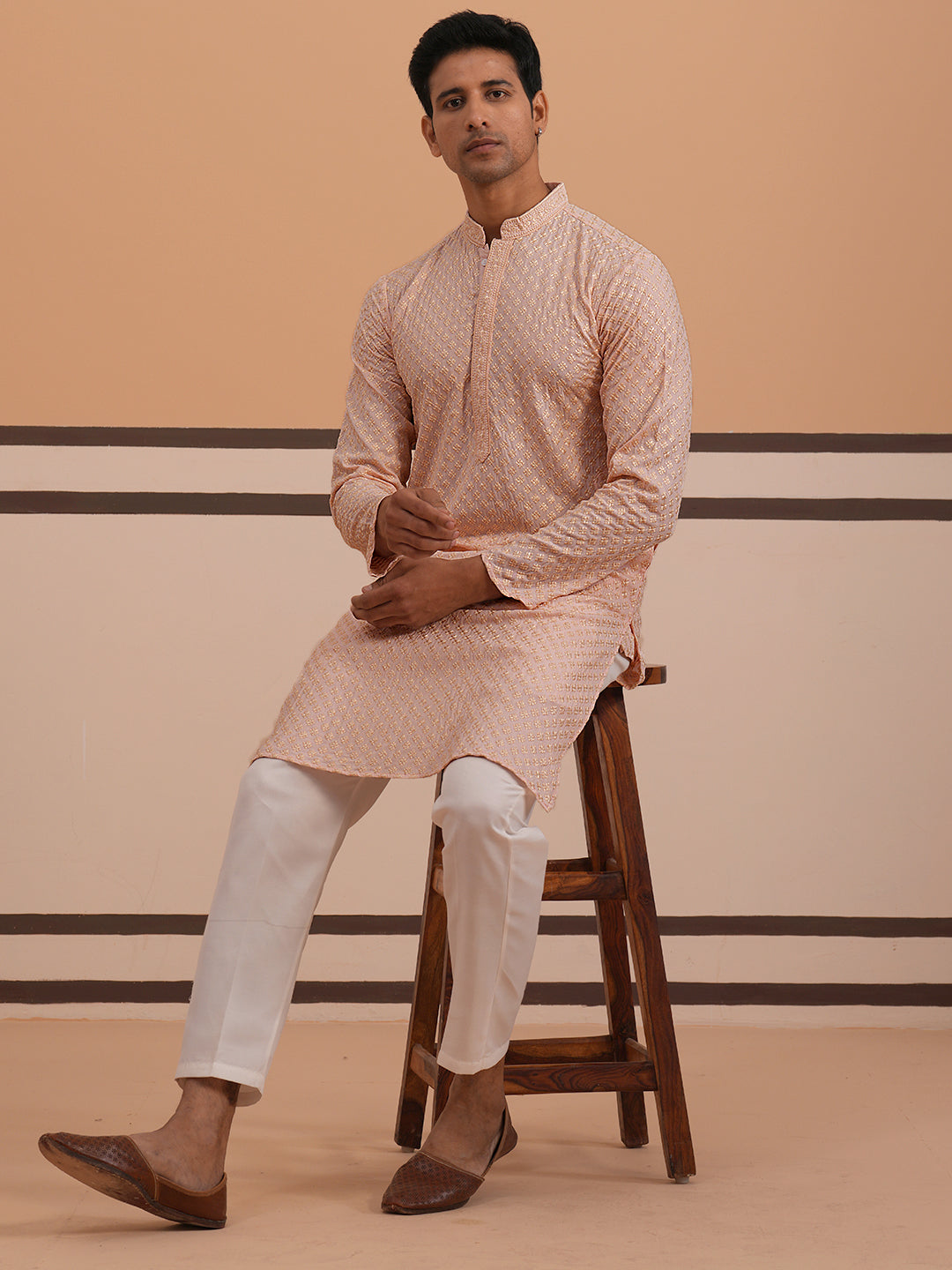 DesiQlo Men Embroidered Kurta Pyjama Set - Orange - 65KP_P_5330Peach_S