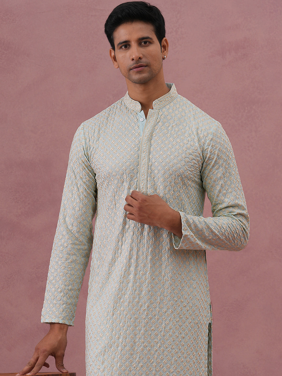 DesiQlo Men Embroidered Kurta Pyjama Set - Blue - 65KP_P_5330Sky_S