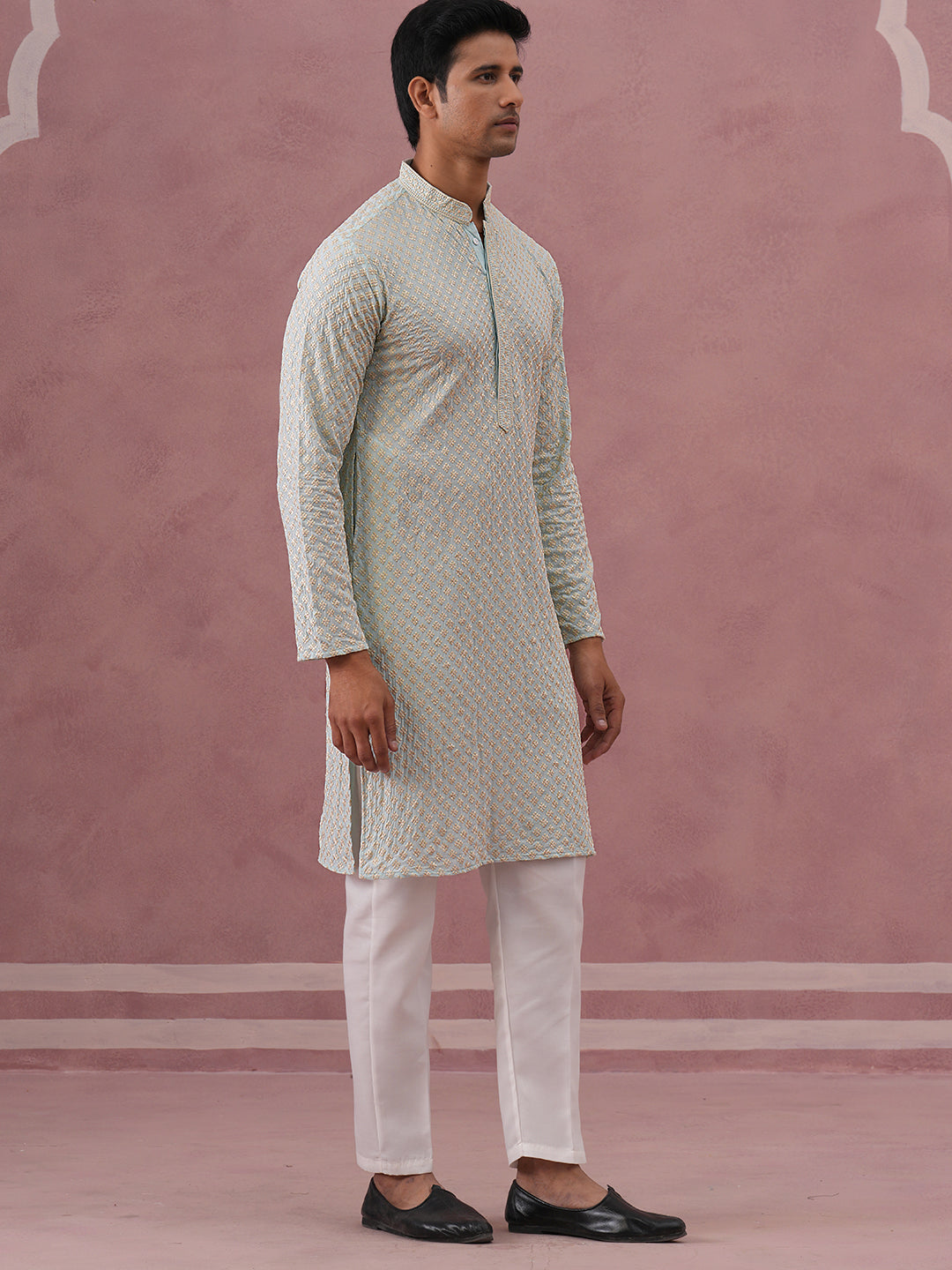 DesiQlo Men Embroidered Kurta Pyjama Set - Blue - 65KP_P_5330Sky_S