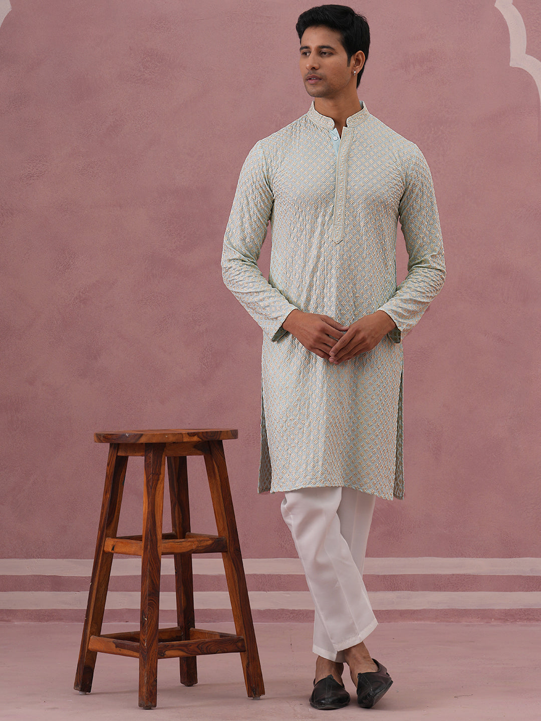 DesiQlo Men Embroidered Kurta Pyjama Set - Blue - 65KP_P_5330Sky_S