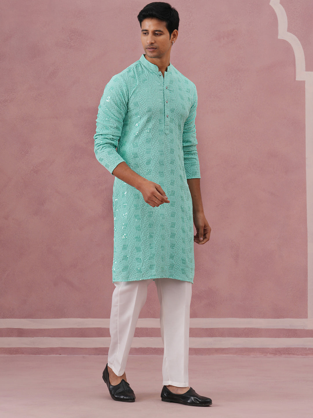DesiQlo Men Embroidered Kurta Pyjama Set - Green - 65KP_P_5331Green_S