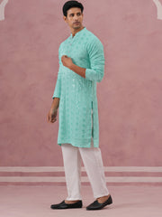 Sequin-Embellished Rayon Embroidered Kurta Pyjama (65KP P 5331 Green ) [FF] [O-6]