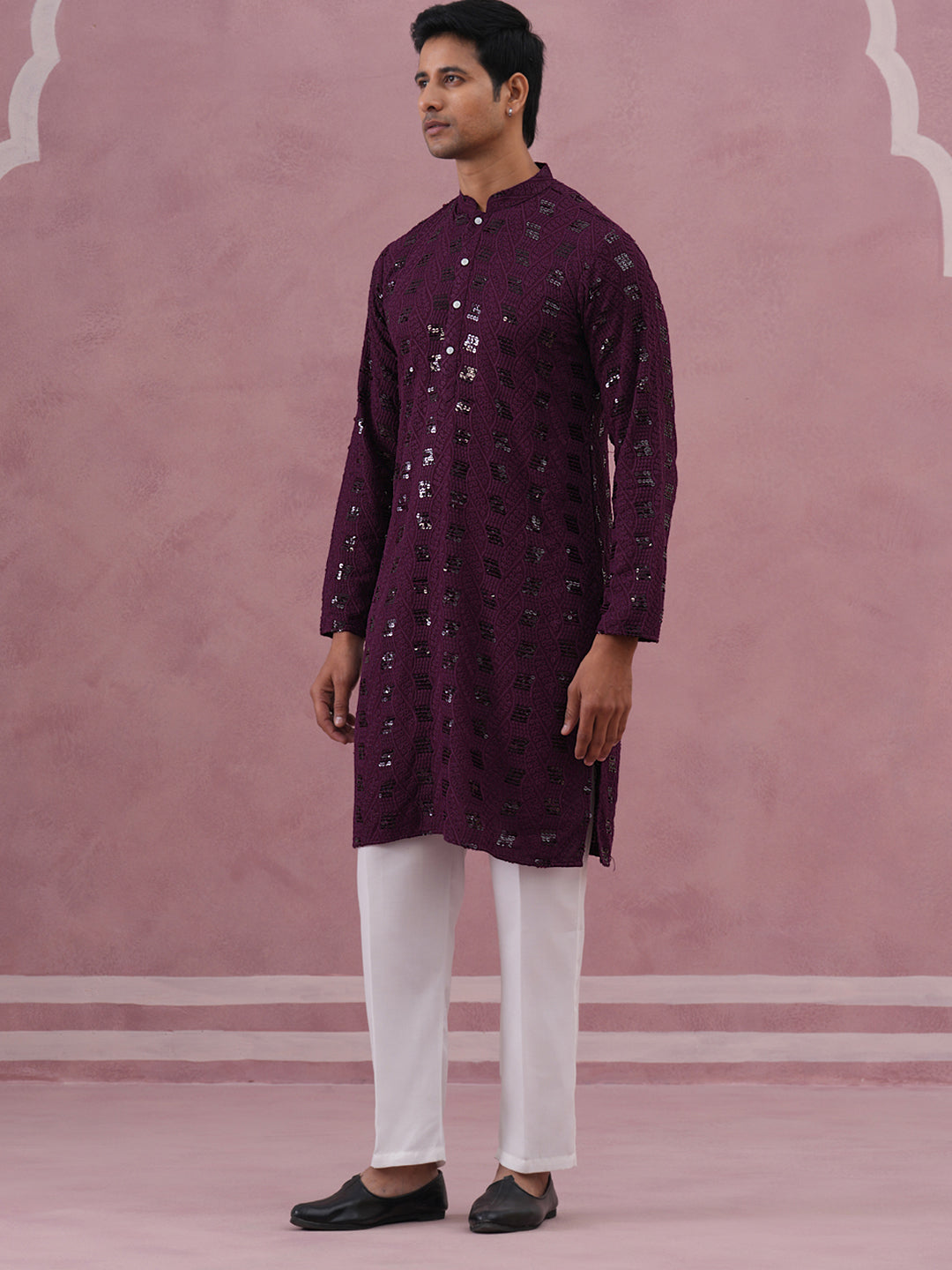 DesiQlo Men Embroidered Kurta Pyjama Set - Purple - 65KP_P_5331Purple_