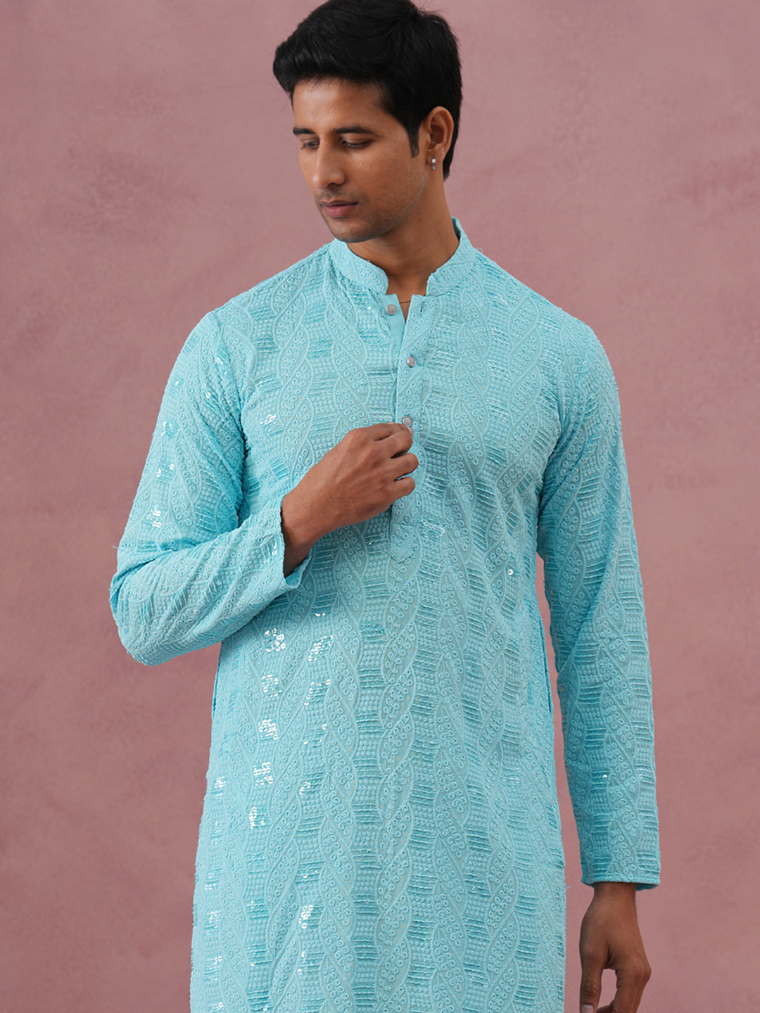 DesiQlo Men Embroidered Kurta Pyjama Set - Blue - 65KP_P_5331Sky_S