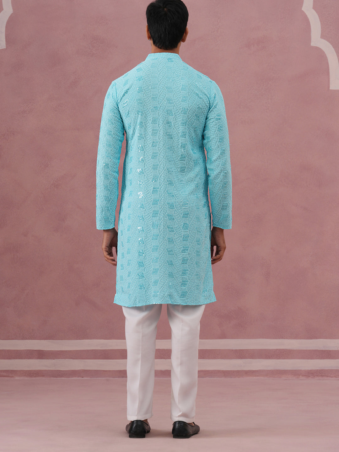 DesiQlo Men Embroidered Kurta Pyjama Set - Blue - 65KP_P_5331Sky_S