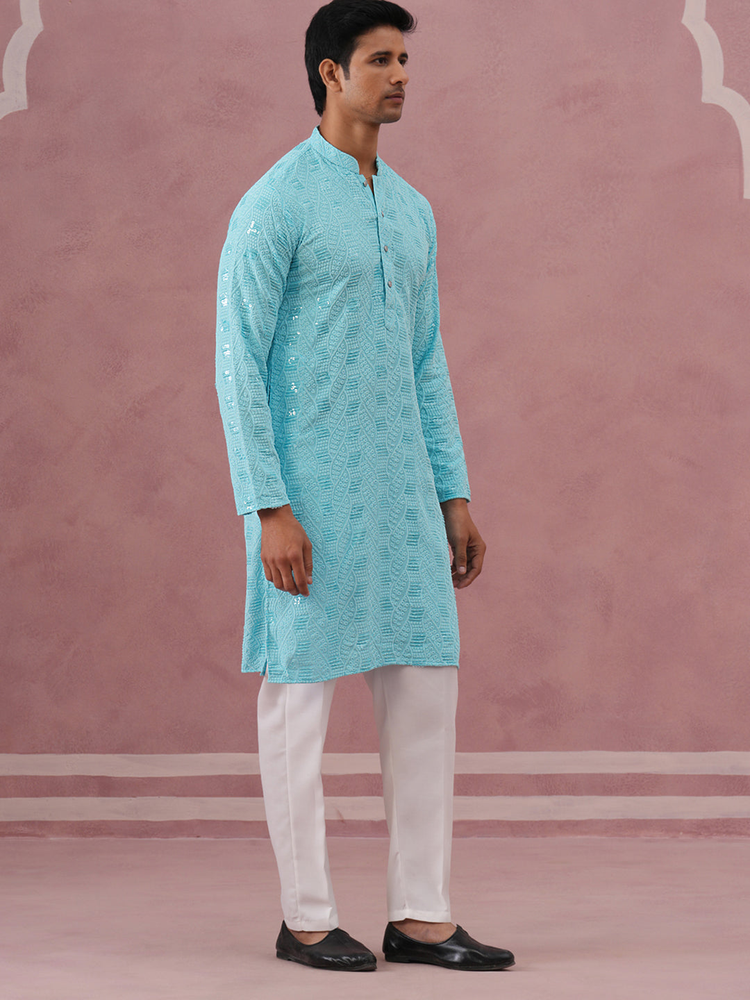 DesiQlo Men Embroidered Kurta Pyjama Set - Blue - 65KP_P_5331Sky_S