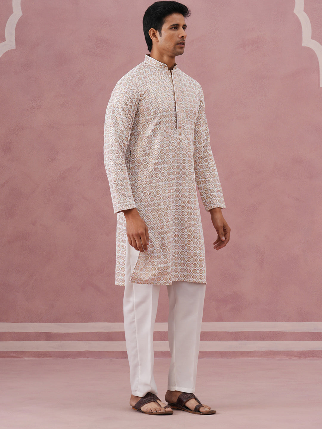 DesiQlo Men Embroidered Kurta Pyjama Set - Beige - 65KP_P_5332Beige_S