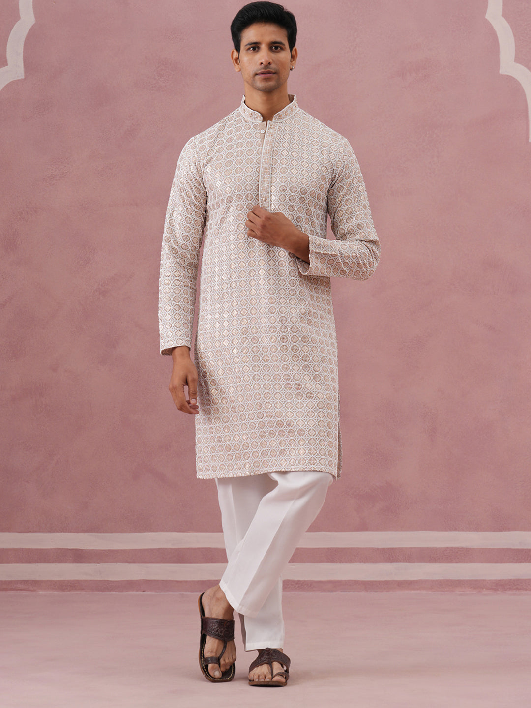 DesiQlo Men Embroidered Kurta Pyjama Set - Beige - 65KP_P_5332Beige_S