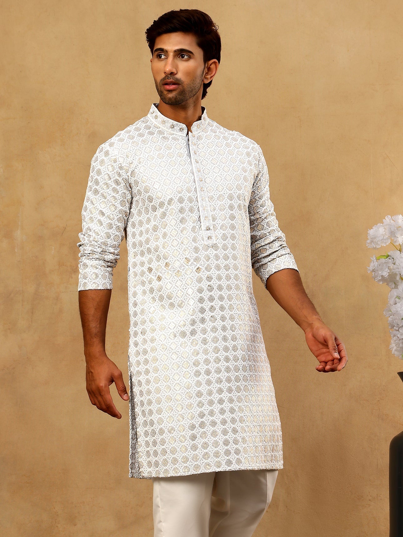 DesiQlo Men Embroidered Kurta Pyjama Set - Grey - 65KP_5332Grey_S