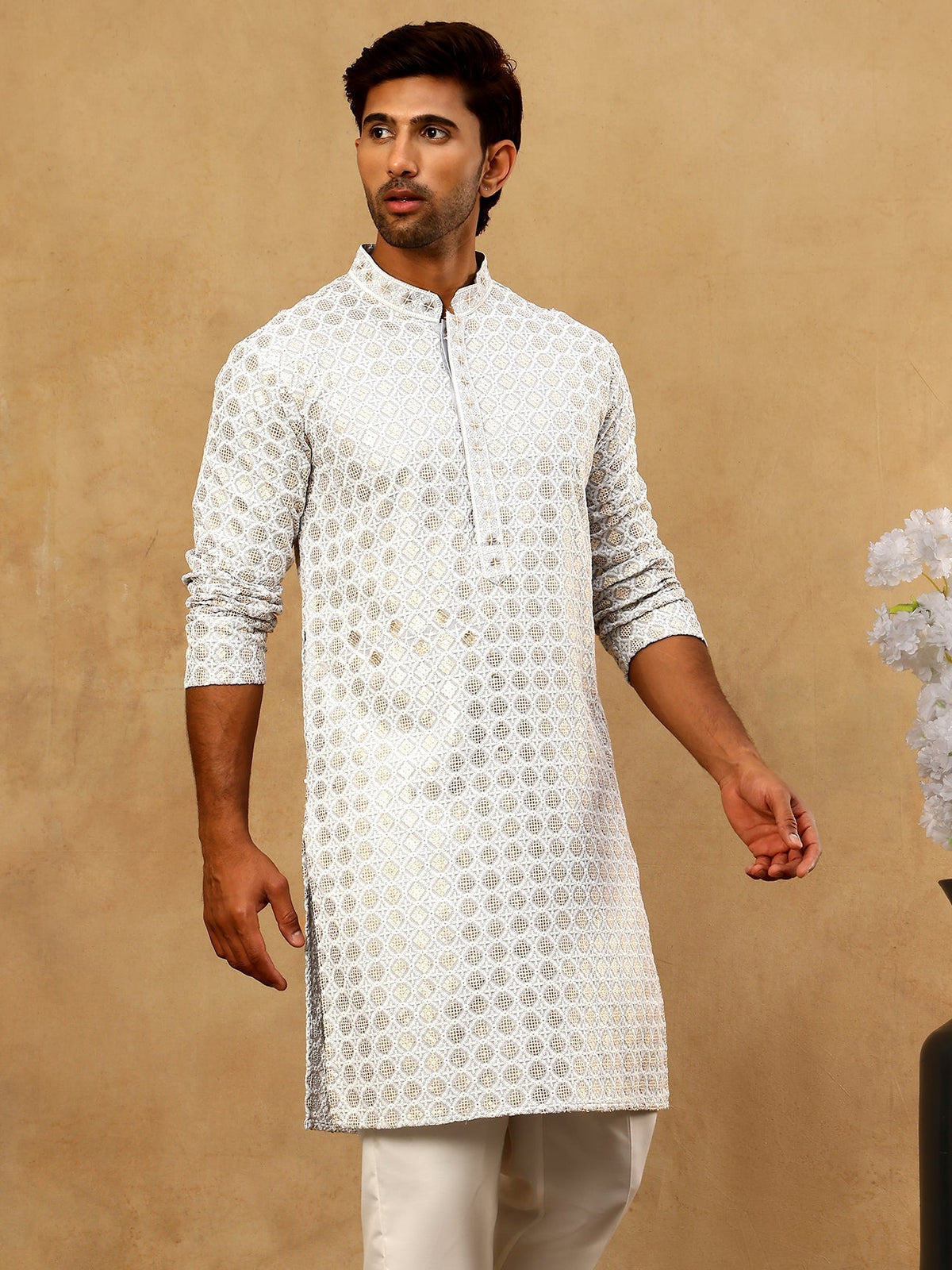 Men’s Rayon Sequin Embroidered Kurta Pyjama ( 65KP 5332Grey )