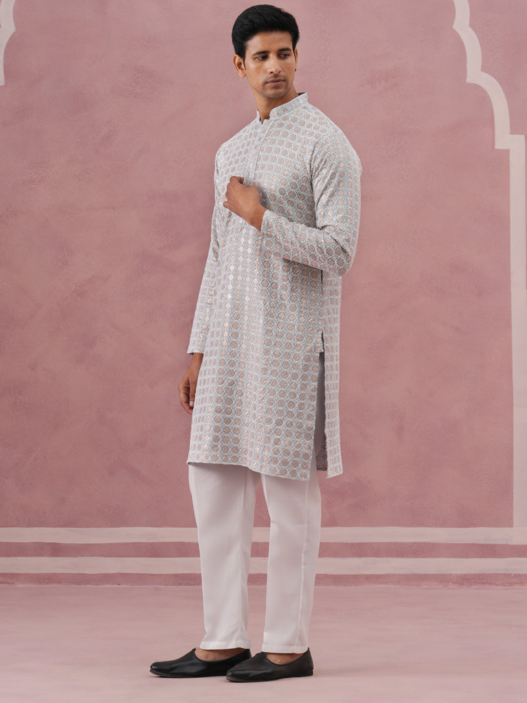 DesiQlo Men Embroidered Kurta Pyjama Set - Grey - 65KP_P_5332Grey_S