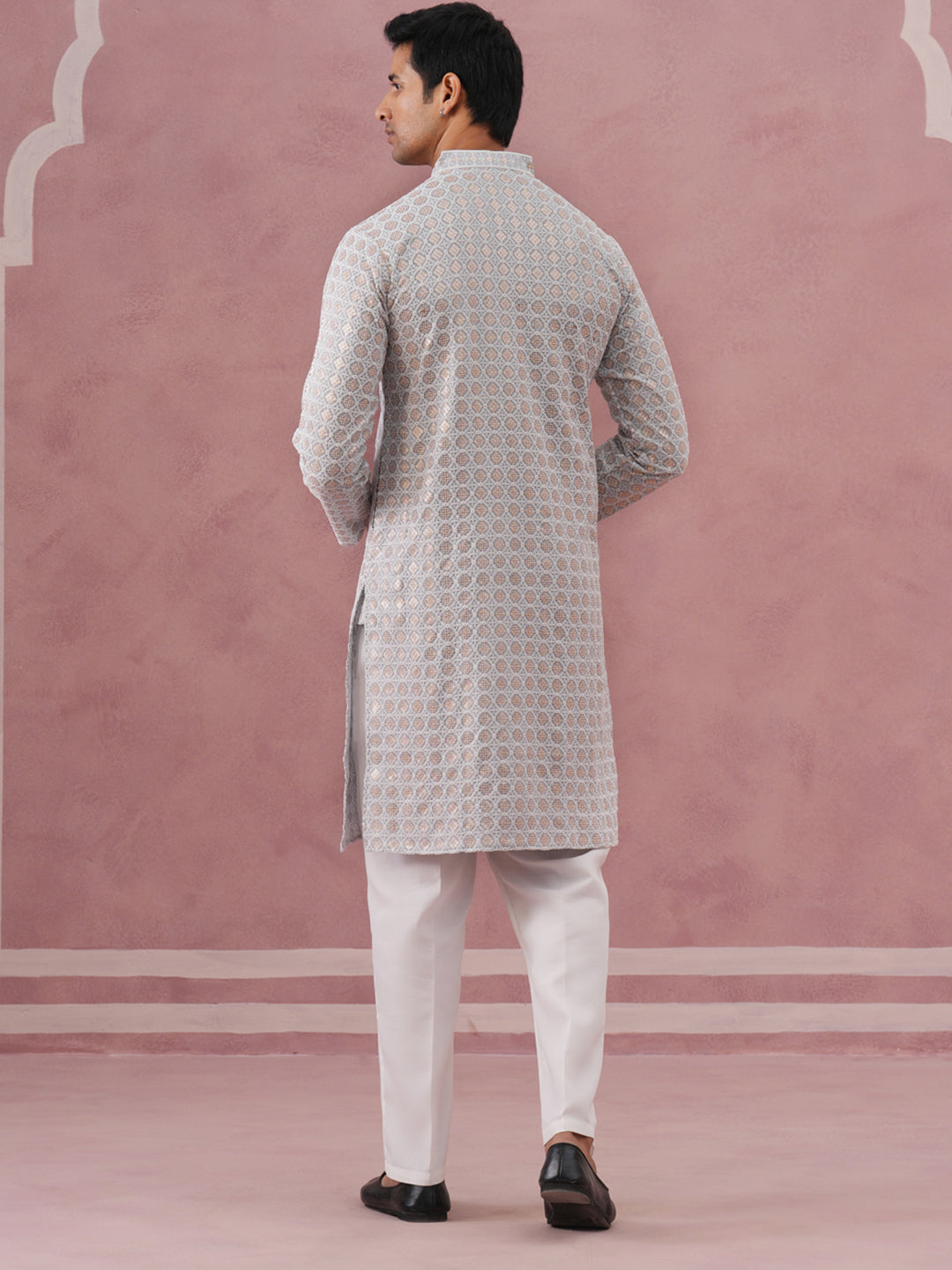 DesiQlo Men Embroidered Kurta Pyjama Set - Grey - 65KP_P_5332Grey_S