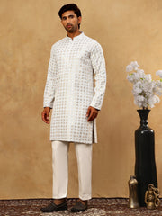 Men’s Rayon Sequin Embroidered Kurta Pyjama ( 65KP 5332Grey )