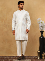 Men’s Rayon Sequin Embroidered Kurta Pyjama ( 65KP 5332Grey )