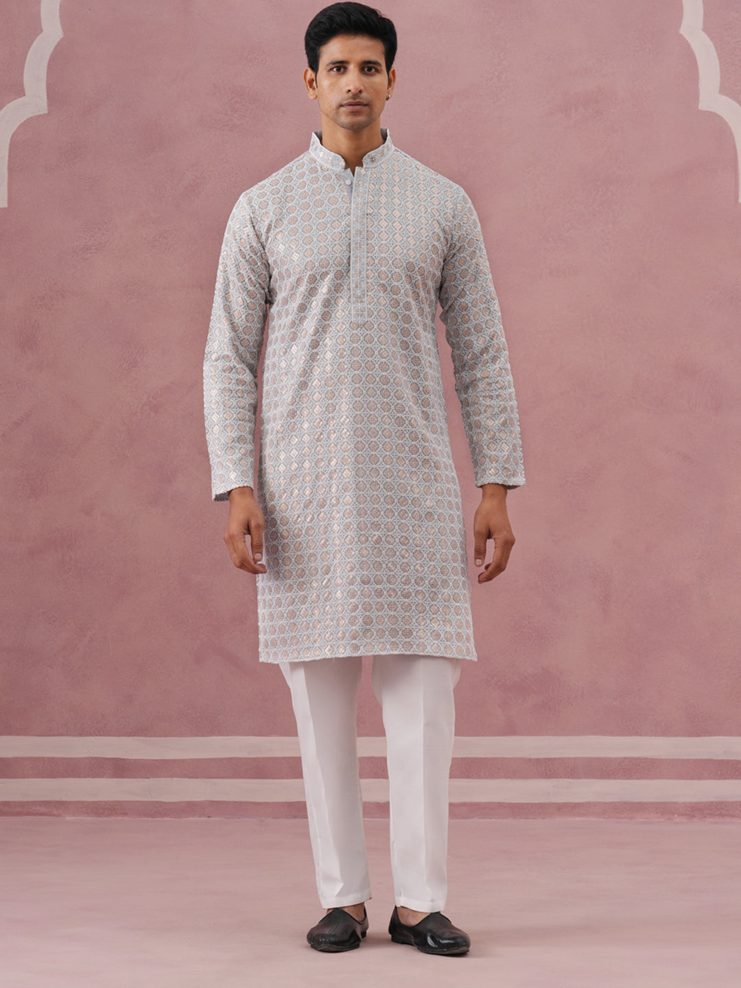 DesiQlo Men Embroidered Kurta Pyjama Set - Grey - 65KP_P_5332Grey_S