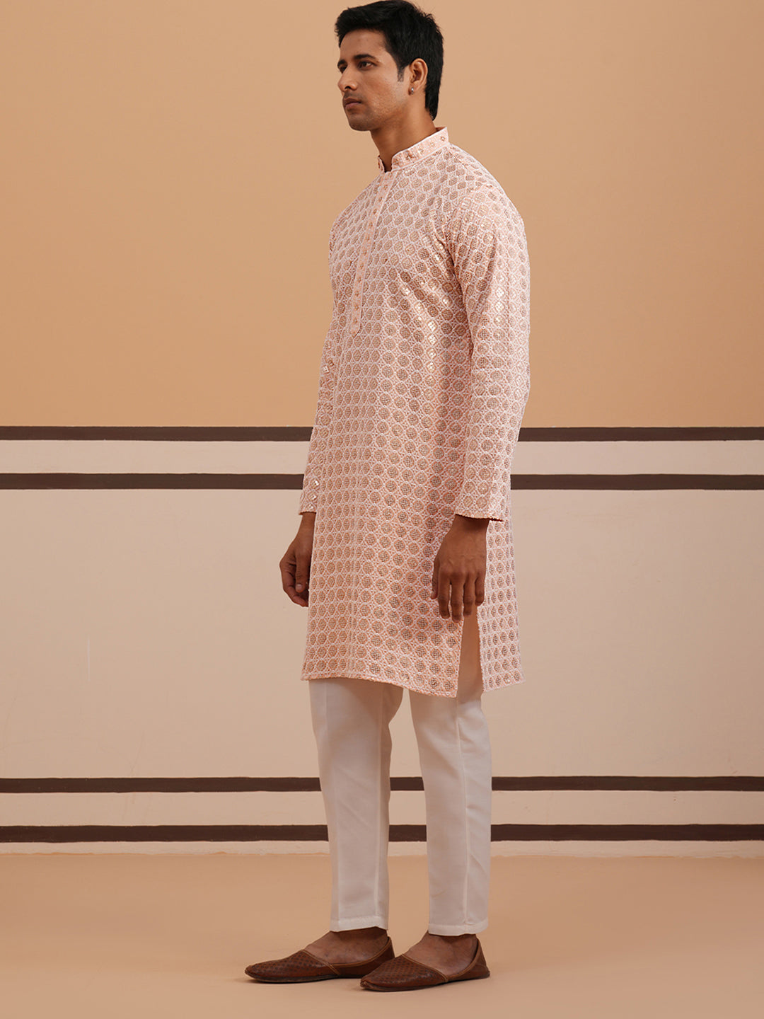 DesiQlo Men Embroidered Kurta Pyjama Set - Orange - 65KP_P_5332Peach_S