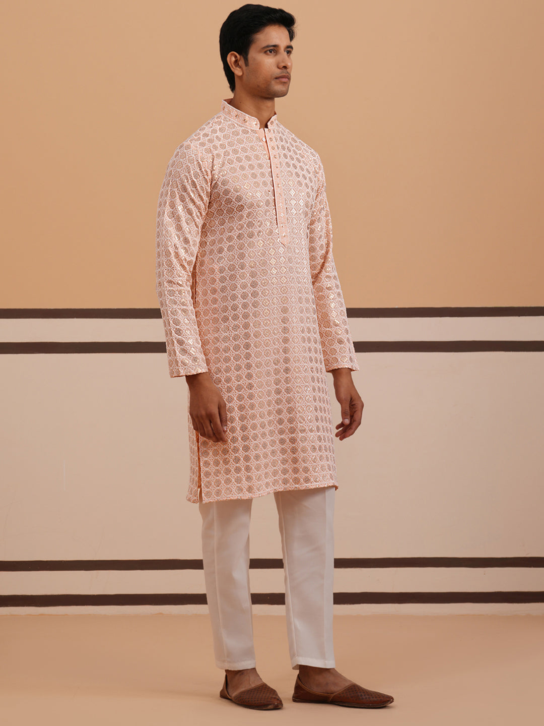 DesiQlo Men Embroidered Kurta Pyjama Set - Orange - 65KP_P_5332Peach_S