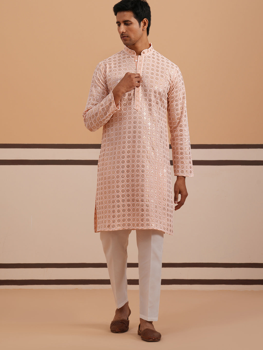 DesiQlo Men Embroidered Kurta Pyjama Set - Orange - 65KP_P_5332Peach_S