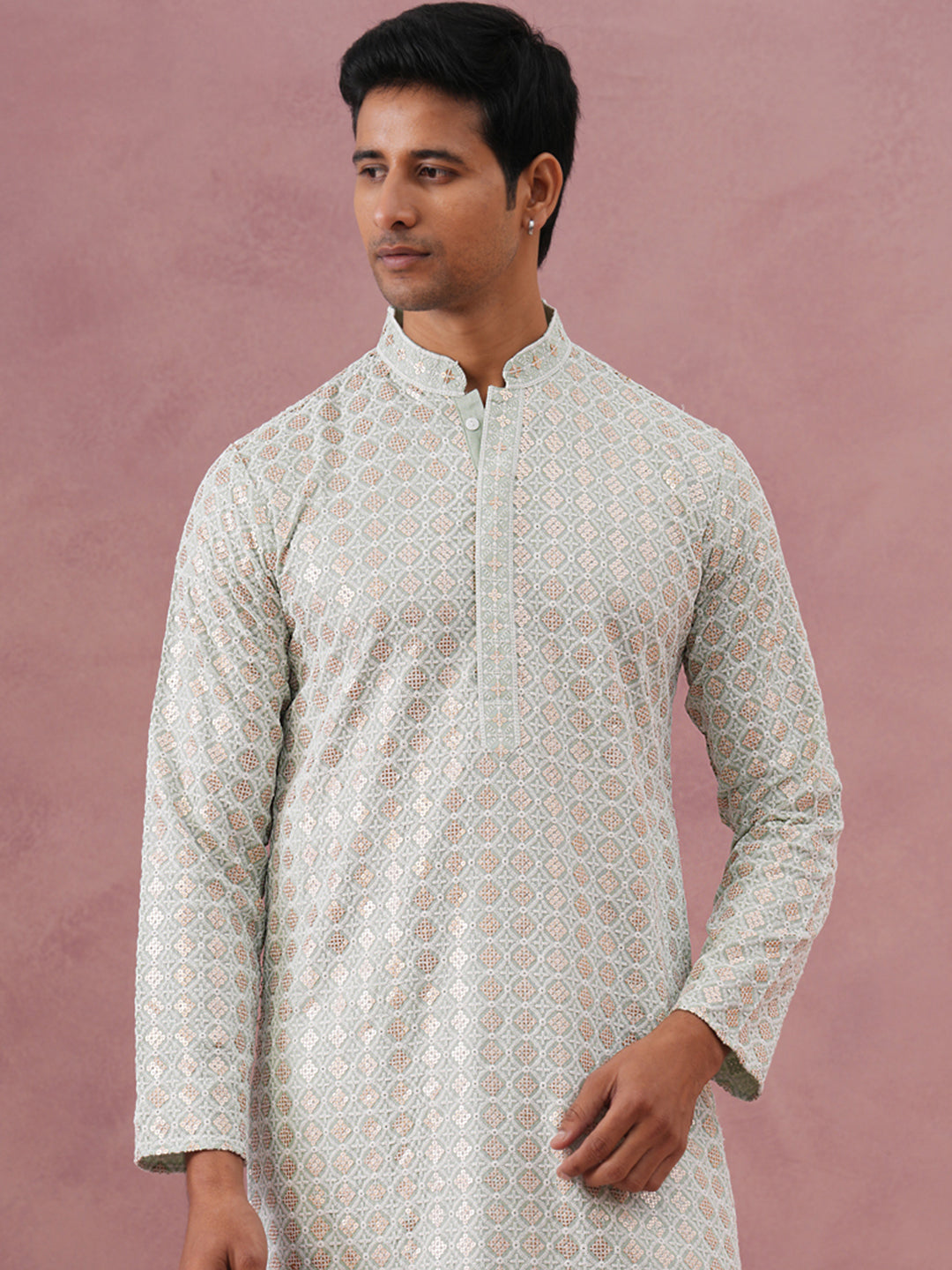 Men’s Rayon Sequin Embroidered Kurta Pyjama ( 65KP P 5332 P 5332Pista ) [FF] [E-8-7]