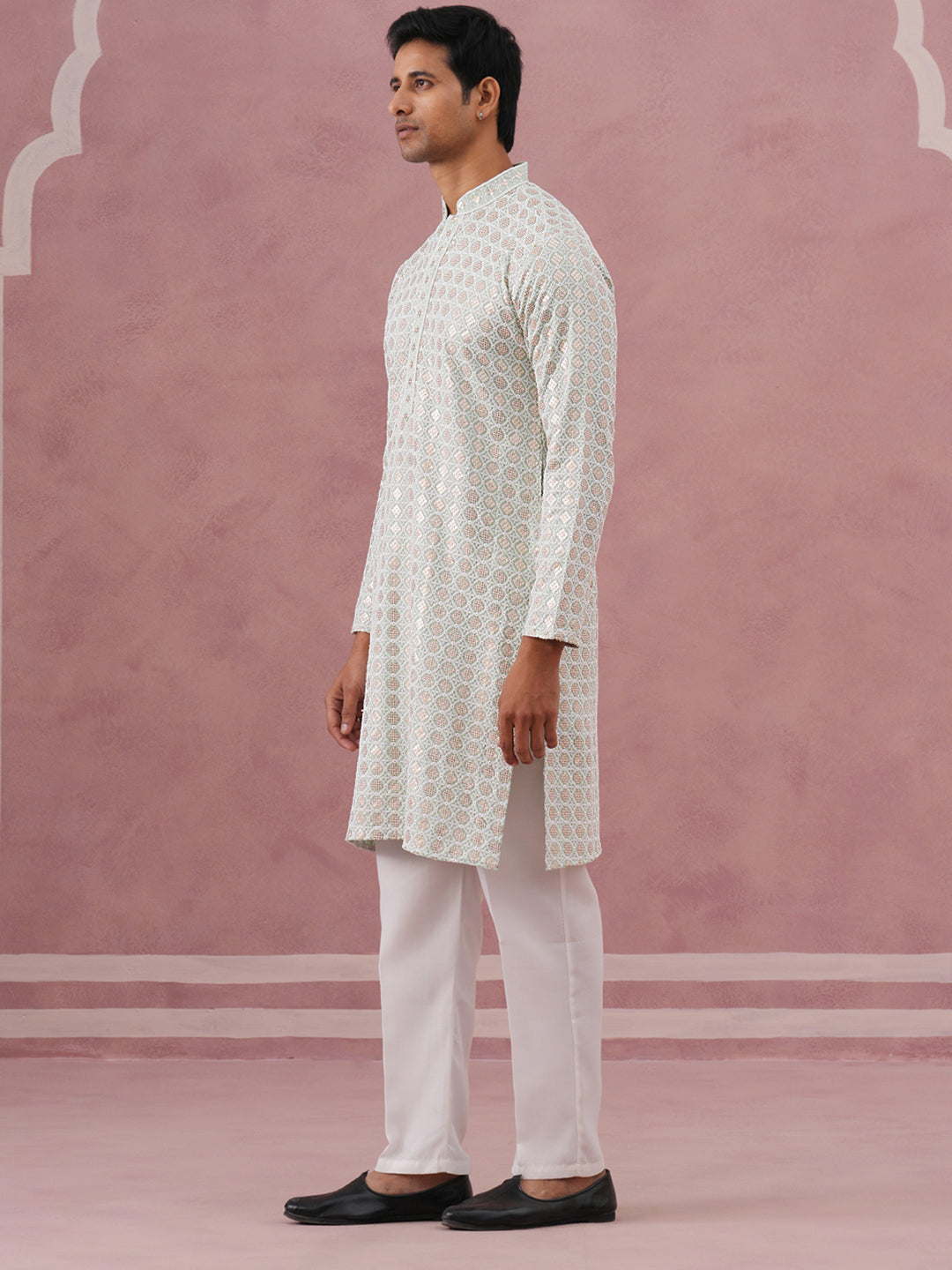 DesiQlo Men Embroidered Kurta Pyjama Set - Green - 65KP_P_5332Pista_S