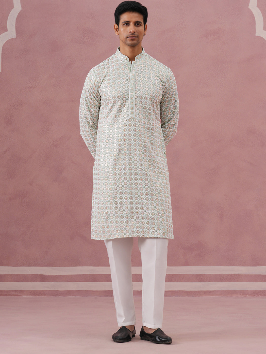DesiQlo Men Embroidered Kurta Pyjama Set - Green - 65KP_P_5332Pista_S
