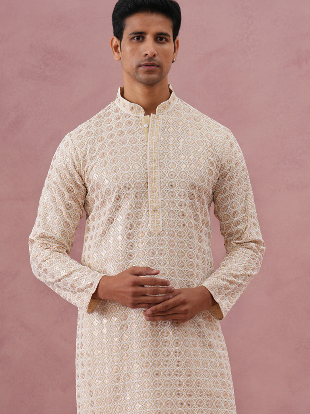 DesiQlo Men Embroidered Kurta Pyjama Set - Yellow - 65KP_P_5332Yellow_