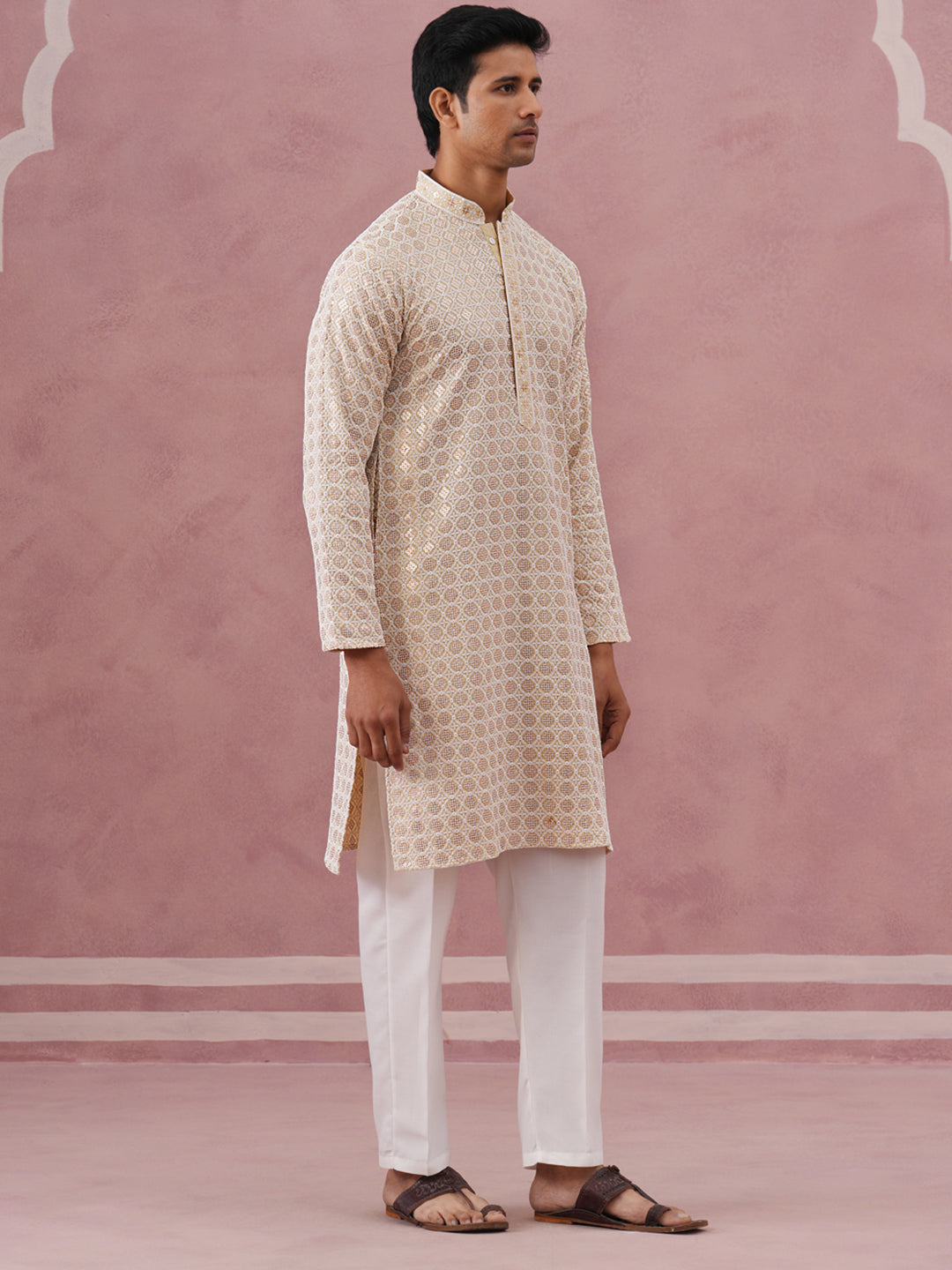 DesiQlo Men Embroidered Kurta Pyjama Set - Yellow - 65KP_P_5332Yellow_