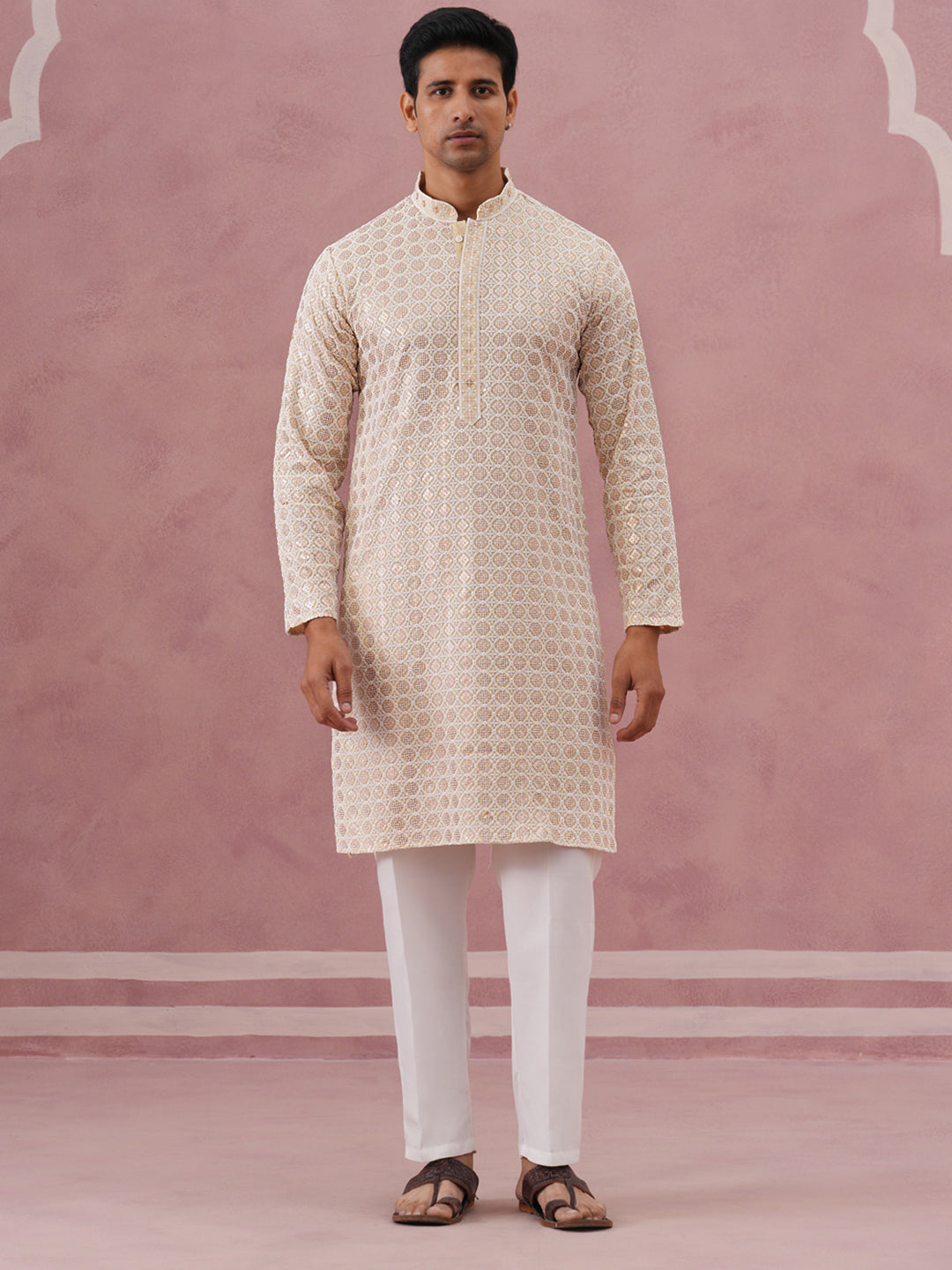DesiQlo Men Embroidered Kurta Pyjama Set - Yellow - 65KP_P_5332Yellow_