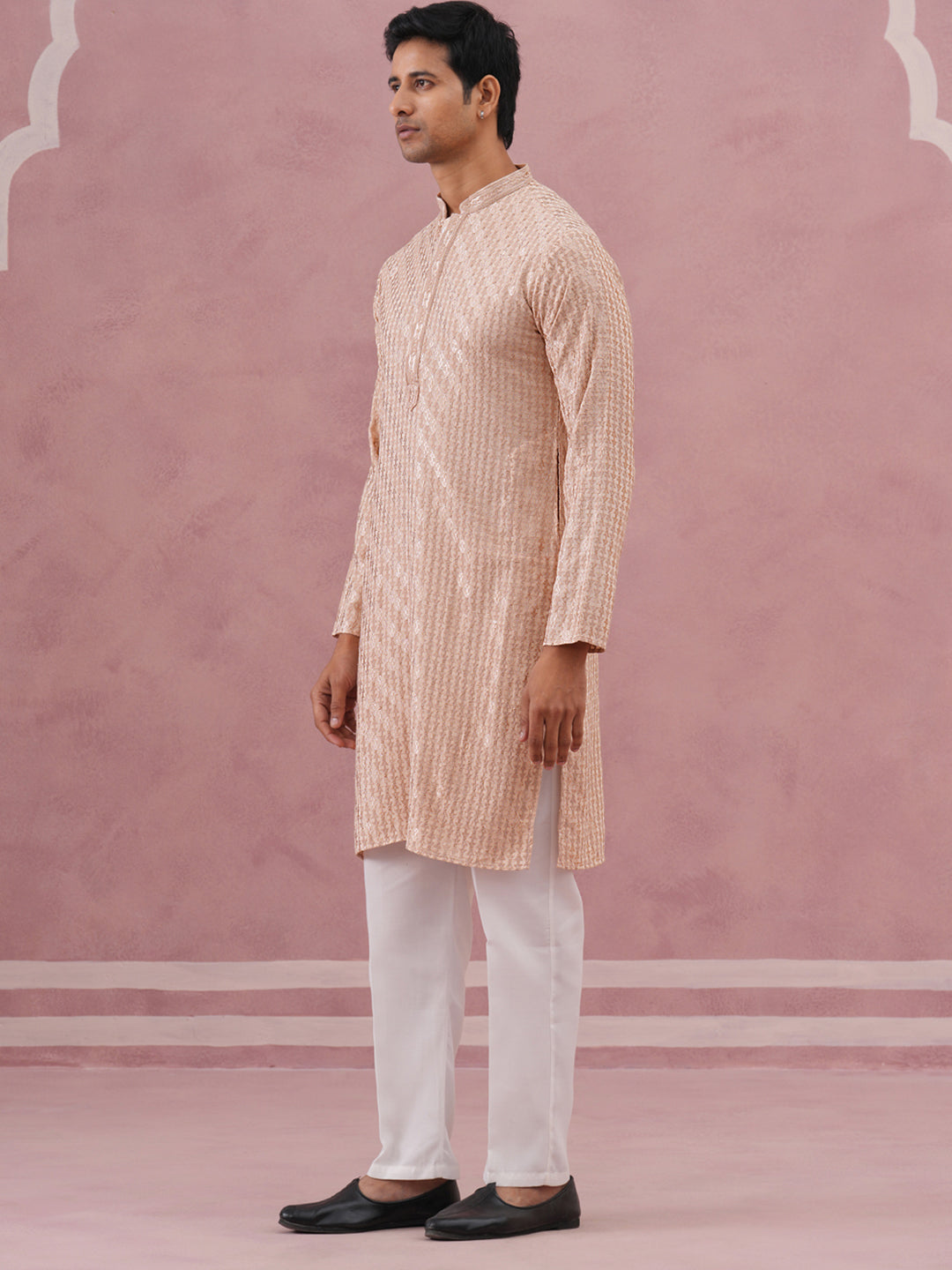 DesiQlo Men Embroidered Kurta Pyjama Set - Beige - 65KP_P_5333Beige_S
