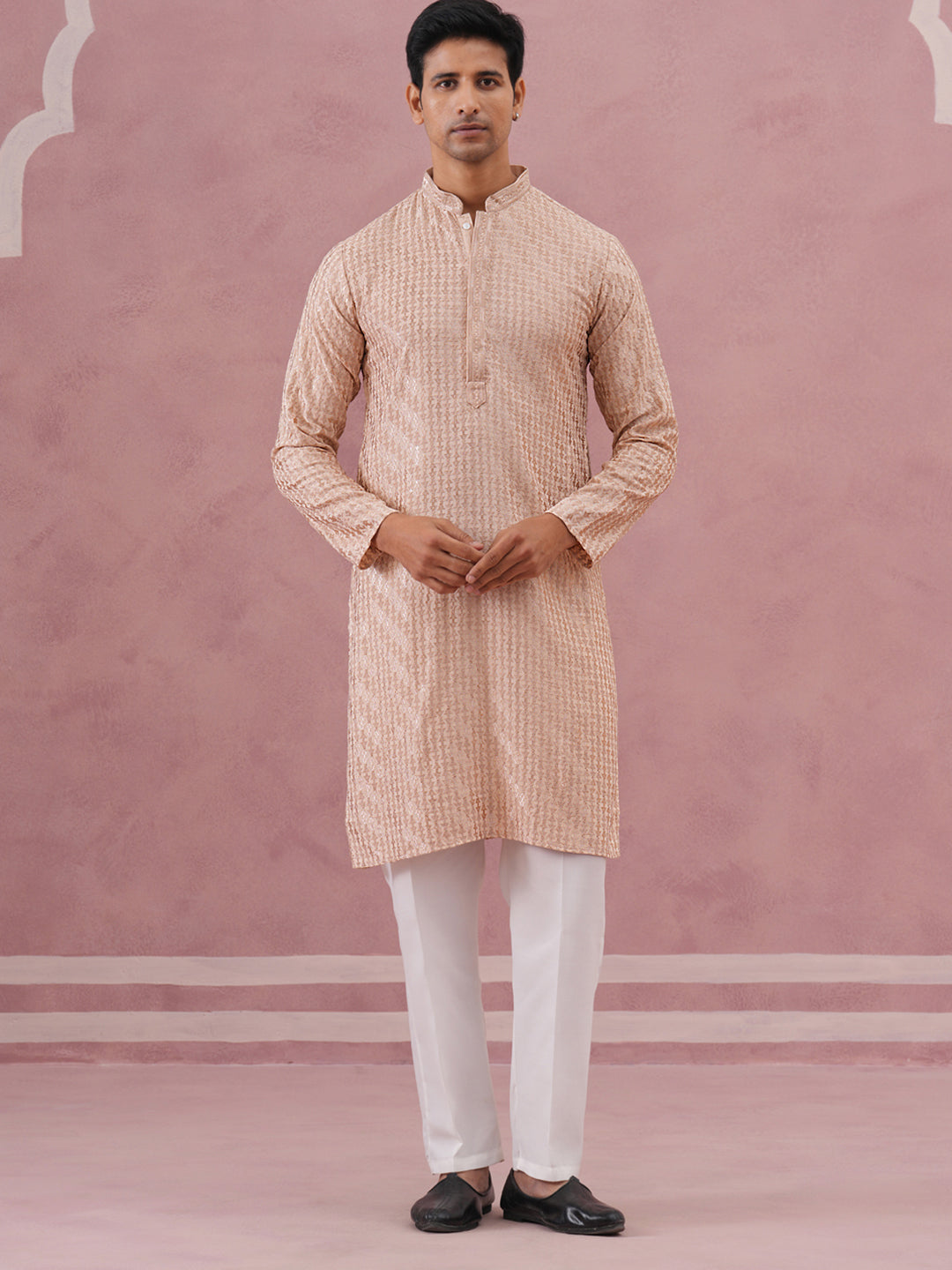 DesiQlo Men Embroidered Kurta Pyjama Set - Beige - 65KP_P_5333Beige_S