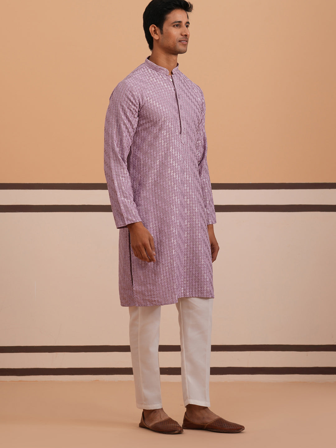 DesiQlo Men Embroidered Kurta Pyjama Set - Purple - 65KP_P_5333Purple_