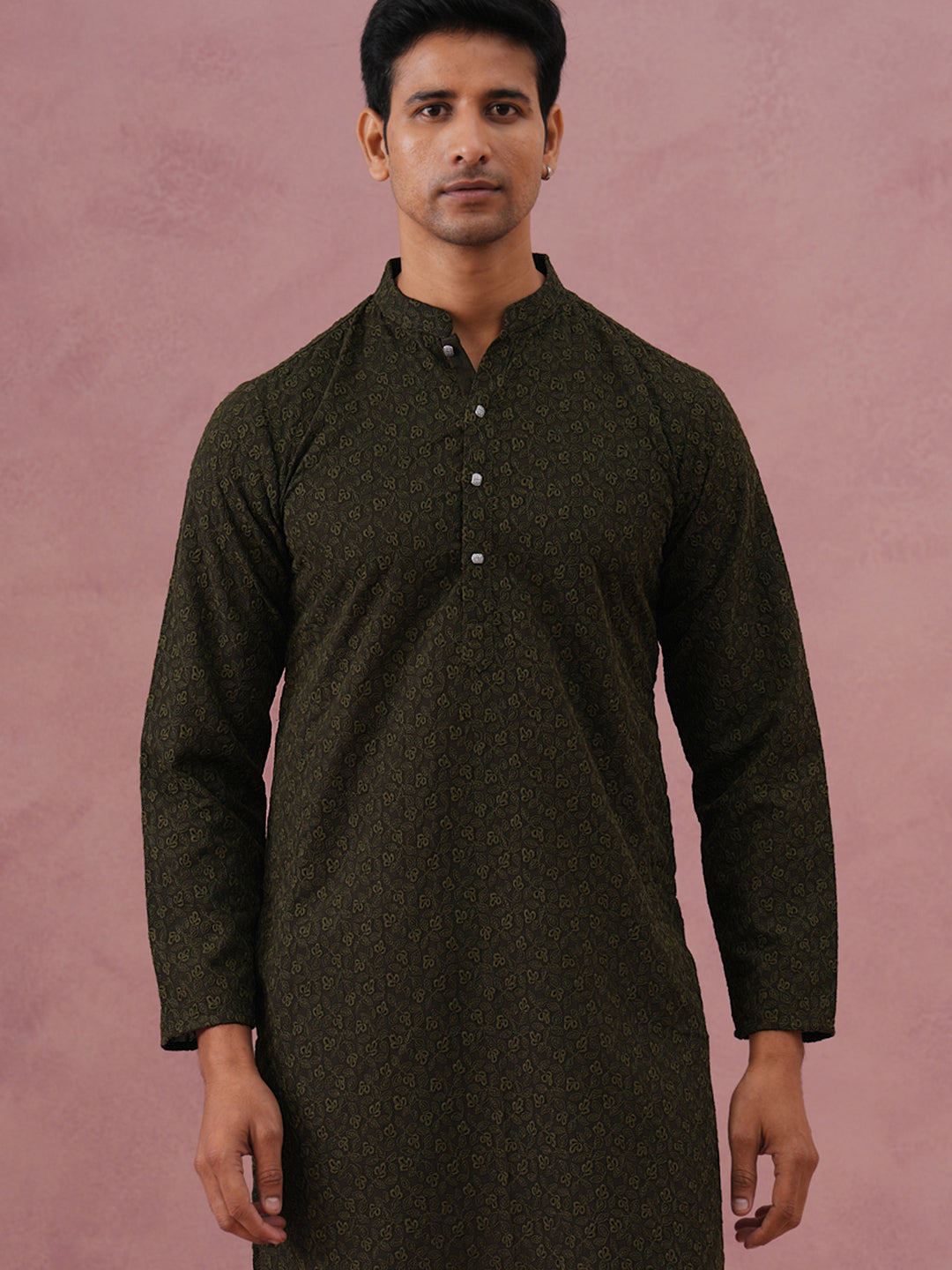 DesiQlo Men Embroidered Kurta Pyjama Set - Green - 65KP_P_5334Olive_S