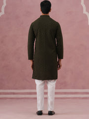 Traditional Cotton Blend Embroidered Kurta Pyjama ( 65KP P 5334 P 5334Olive ) [FF] [F-1-2-3-4]