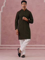 Traditional Cotton Blend Embroidered Kurta Pyjama ( 65KP P 5334 P 5334Olive ) [FF] [F-1-2-3-4]