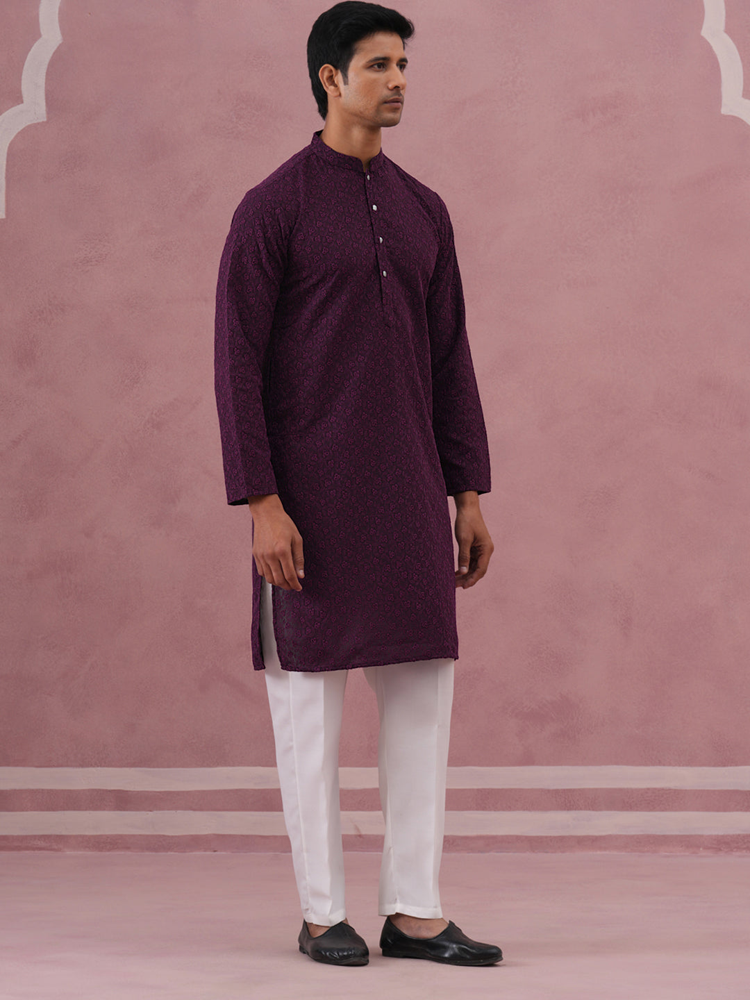 DesiQlo Men Embroidered Kurta Pyjama Set - Purple - 65KP_P_5334Purple_