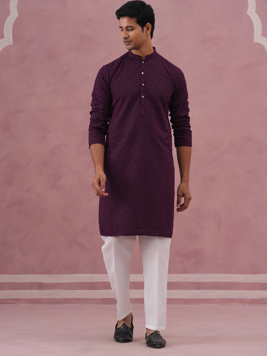 DesiQlo Men Embroidered Kurta Pyjama Set - Purple - 65KP_P_5334Purple_