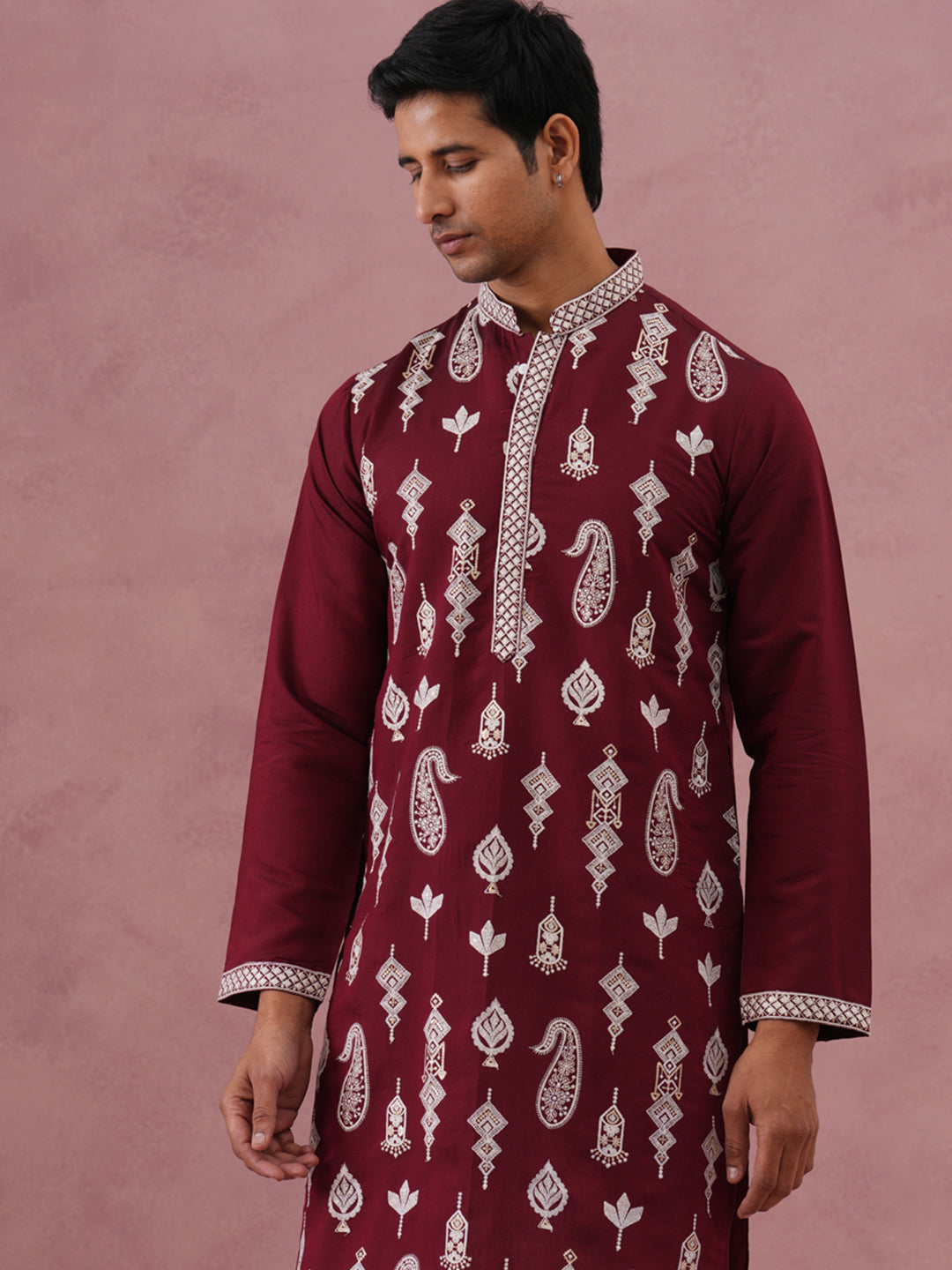 DesiQlo Men Embroidered Kurta Pyjama Set - Maroon - 65KP_P_5335Maroon_