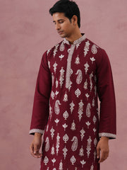 Silk Blend Ethnic Embroidered Kurta Pyjama for Men ( 65KP P 5335 P 5335Maroon ) [FF] [B-1-2]