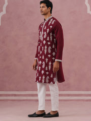 Silk Blend Ethnic Embroidered Kurta Pyjama for Men ( 65KP P 5335 P 5335Maroon ) [FF] [B-1-2]